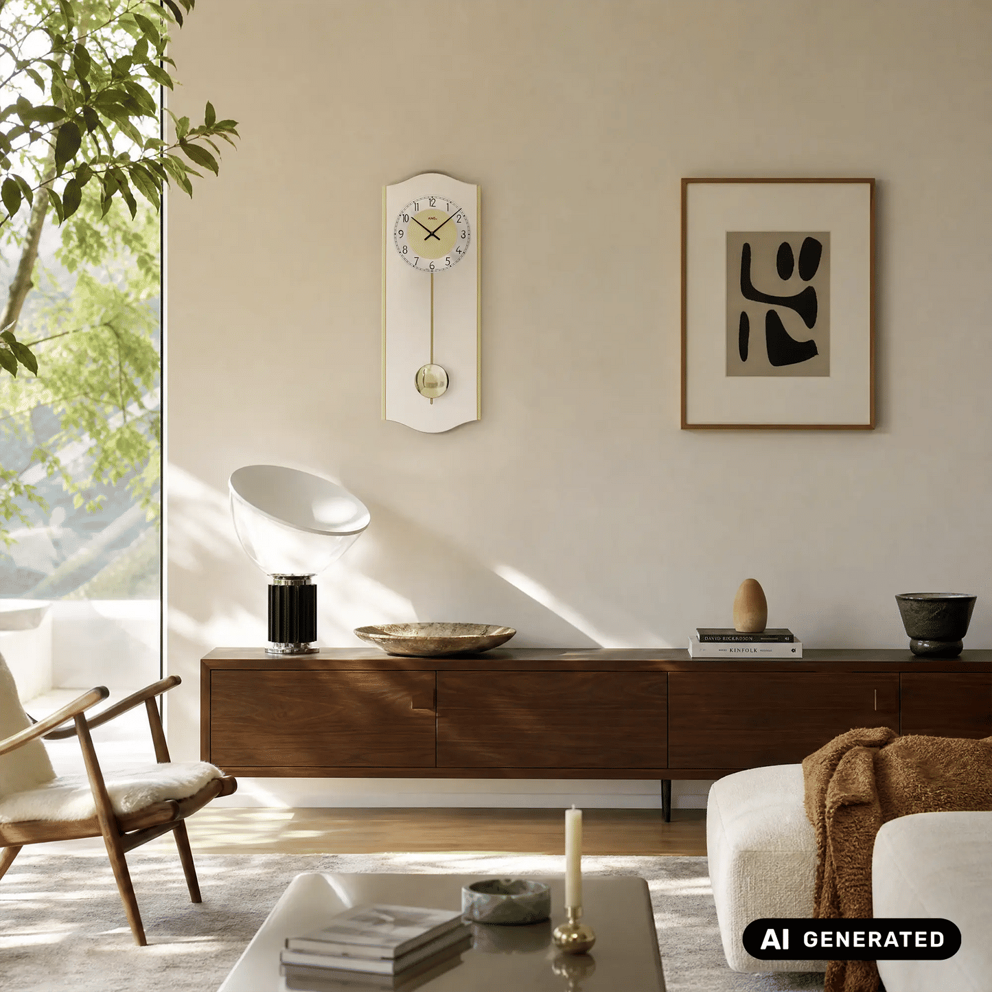 Wanduhr mit rundem Zifferblatt und goldfarbenem Pendelgewicht, Messingaufhängung