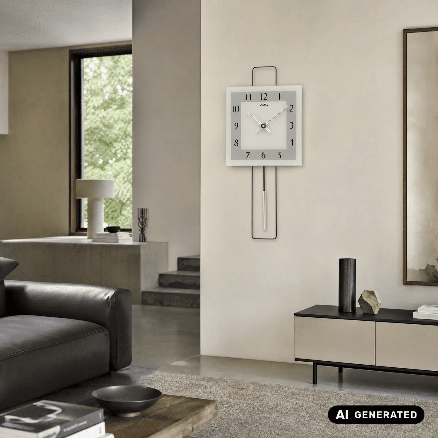 Zegar ścienny AMS W7504 srebrny • mechanizm kwarcowy z wahadłem • metalowy design ze szkłem mineralnym