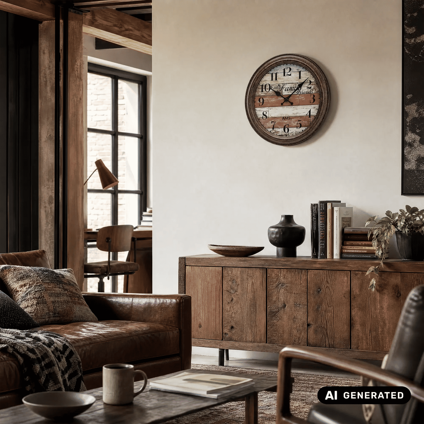 Okrągły zegar ścienny z ramą z postarzanego drewna, czarnymi wskazówkami i motywem ptaka