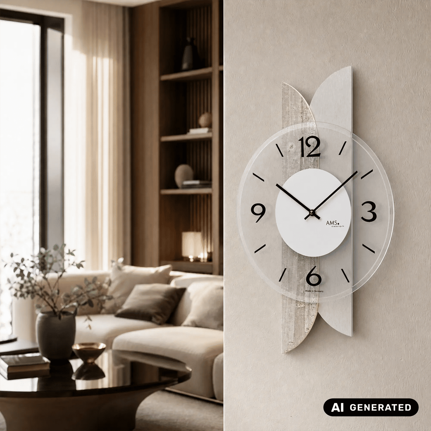 Wanduhr mit weißem Zifferblatt, schwarzen Zeigern und Holz-Alu-Rückwand, AMS-Logo