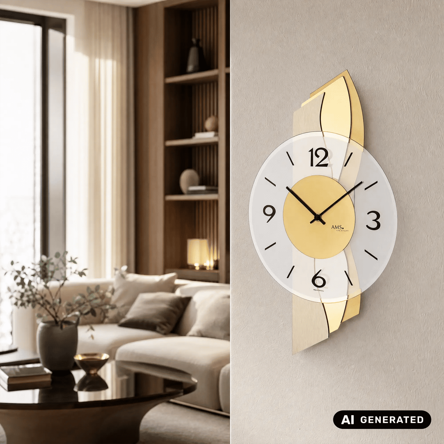 Wanduhr mit weißem Zifferblatt, goldfarbenem Gehäuseelement und schwarzen Zeigern