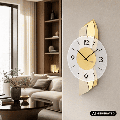 Wanduhr mit weißem Zifferblatt, goldfarbenem Gehäuseelement und schwarzen Zeigern