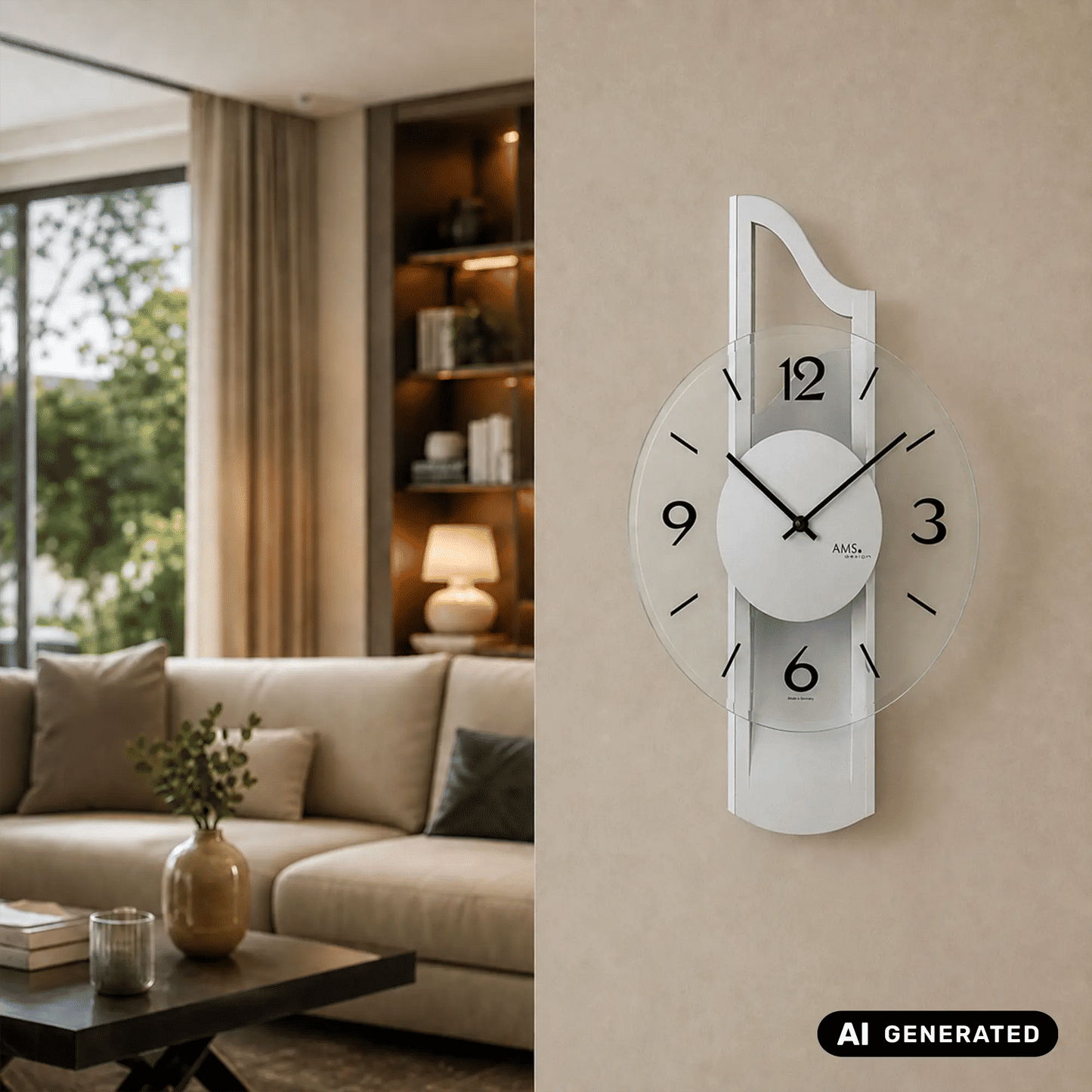 Wanduhr mit Aluminiumauflage und facettiertem Mineralglas, rundes Ziffernblatt grau
