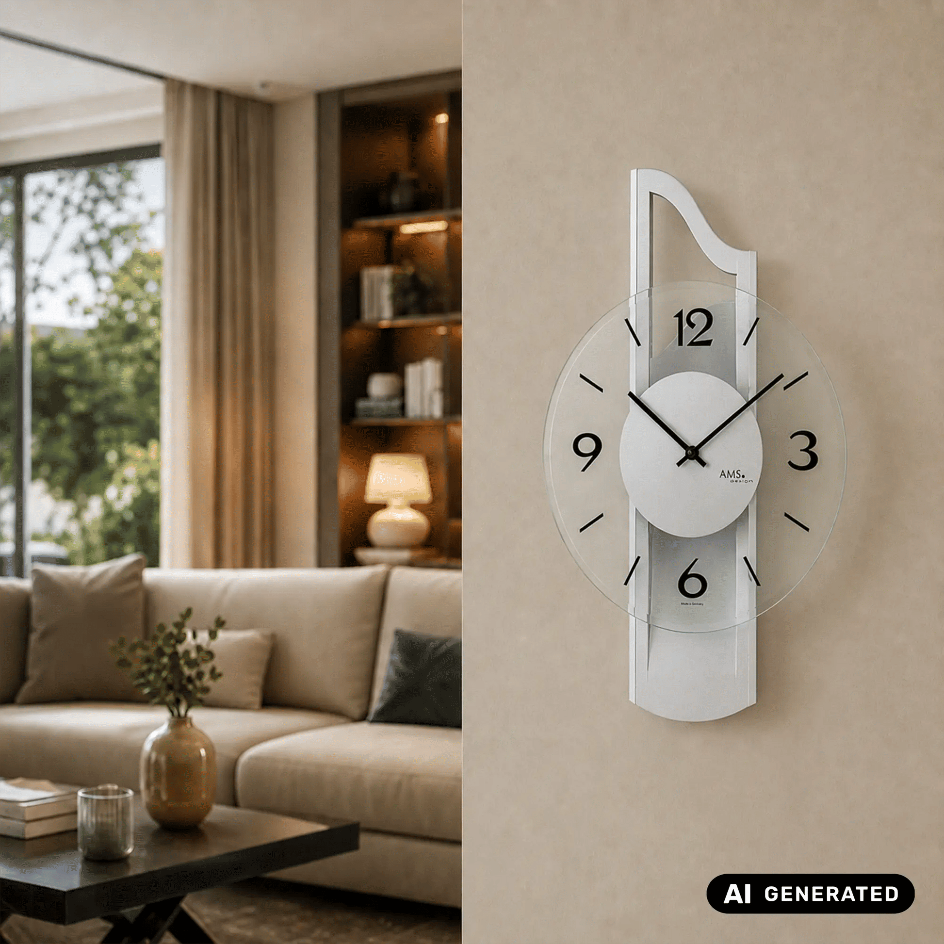 Wanduhr mit Aluminiumauflage und facettiertem Mineralglas, rundes Ziffernblatt grau