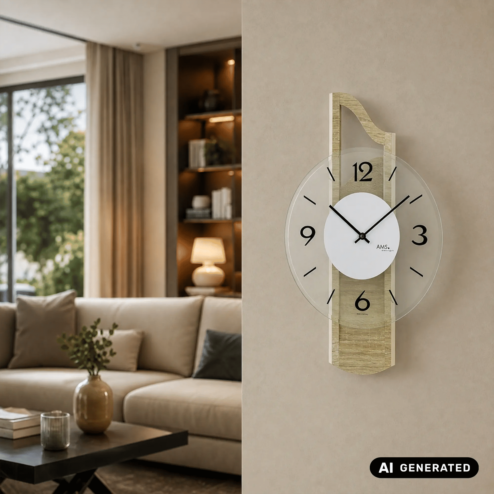 Wanduhr an der Wand mit facettiertem Glaszifferblatt und Holzgehäuse in Sonoma