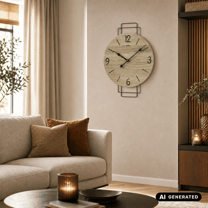Wanduhr mit hellem Holzlook-Zifferblatt, schwarzen Ziffern, Metallbügelhalter und Zeigern