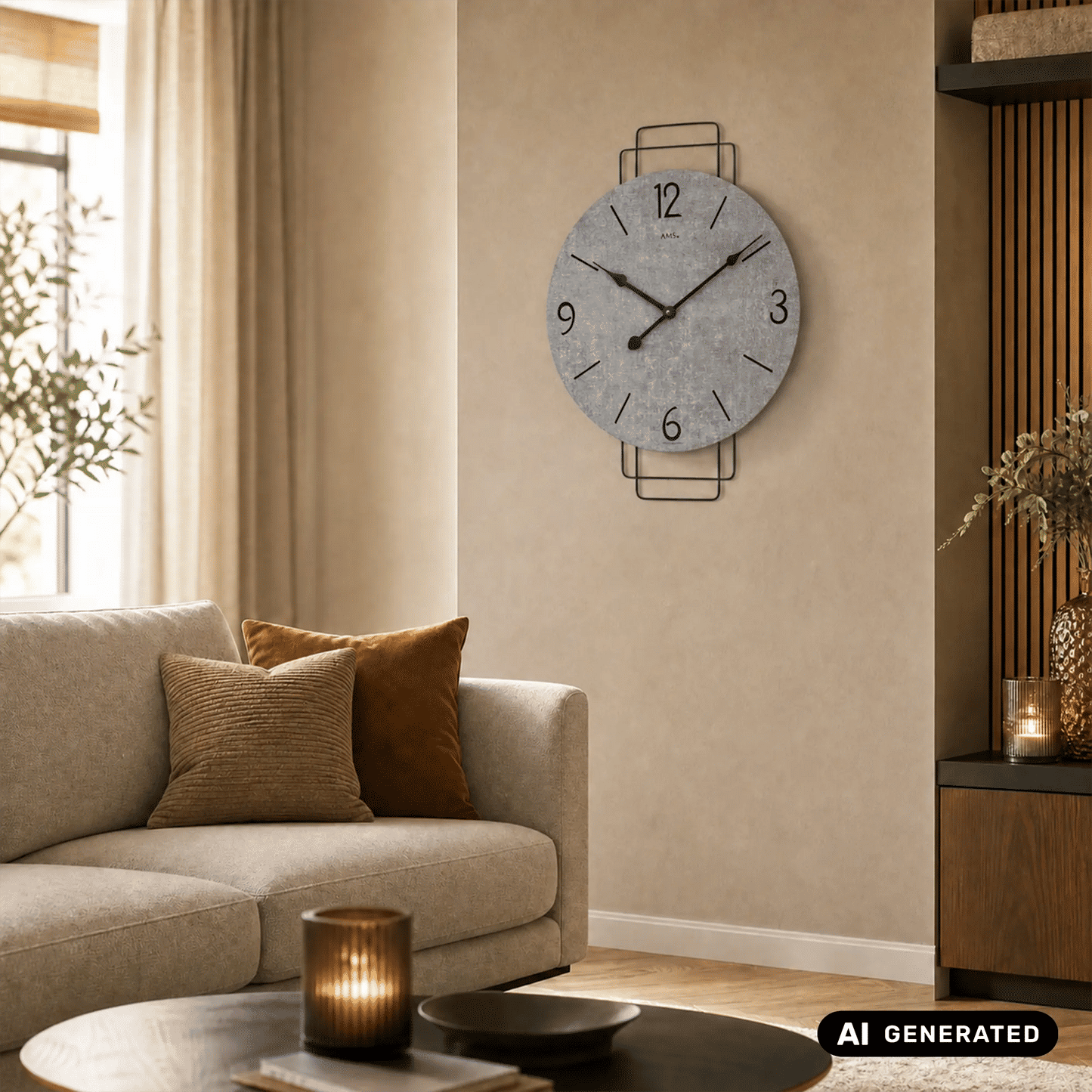 Wanduhr mit grauem Zifferblatt und Metallbügel, dekorativ an der Wand.