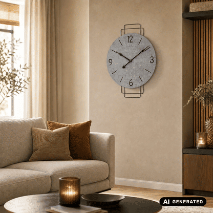 Wanduhr mit grauem Zifferblatt und Metallbügel, dekorativ an der Wand.