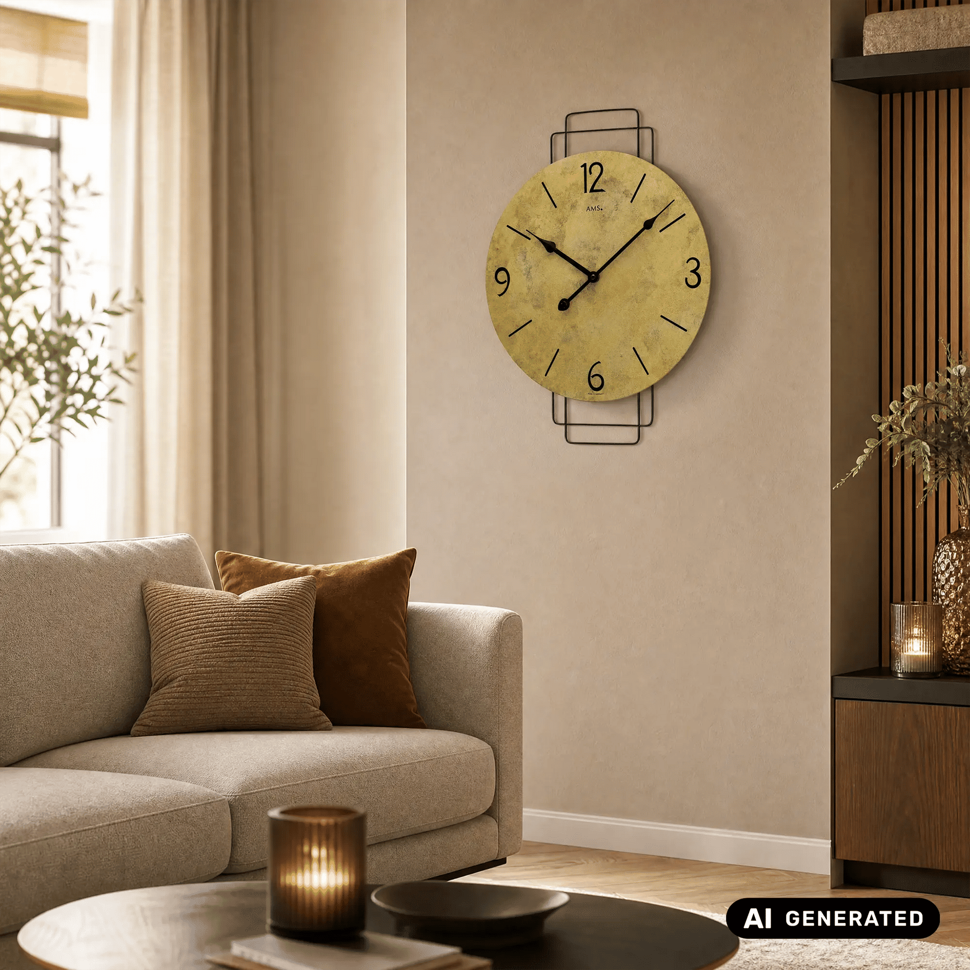 Wanduhr mit gelbem Vintage-Zifferblatt, schwarzen Zahlen und schwarzem Metallrahmen