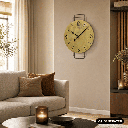 Wanduhr mit gelbem Vintage-Zifferblatt, schwarzen Zahlen und schwarzem Metallrahmen