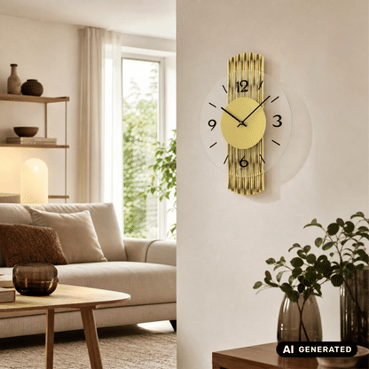 Wanduhr an der Wand mit gelbem Ziffernblatt, schwarzen Ziffern und goldfarbener Holzstruktur