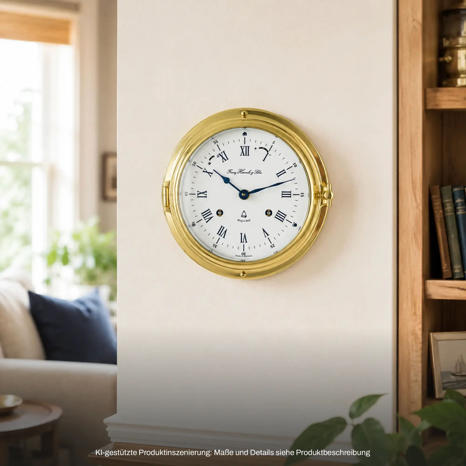 Kleine runde Wanduhr mit Messinggehäuse und weißem Zifferblatt, römische Zahlen
