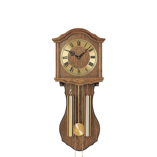 Vollansicht: Wanduhr aus Holz mit römischem Zifferblatt, Pendel und Messinggewichten