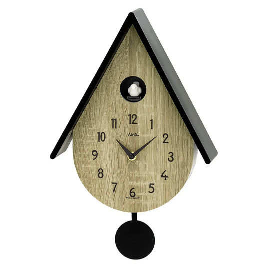 Wanduhr im Vogelhaus-Design mit Holz-Zifferblatt, schwarzen Zeigern und Anthrazit-Gehäuse