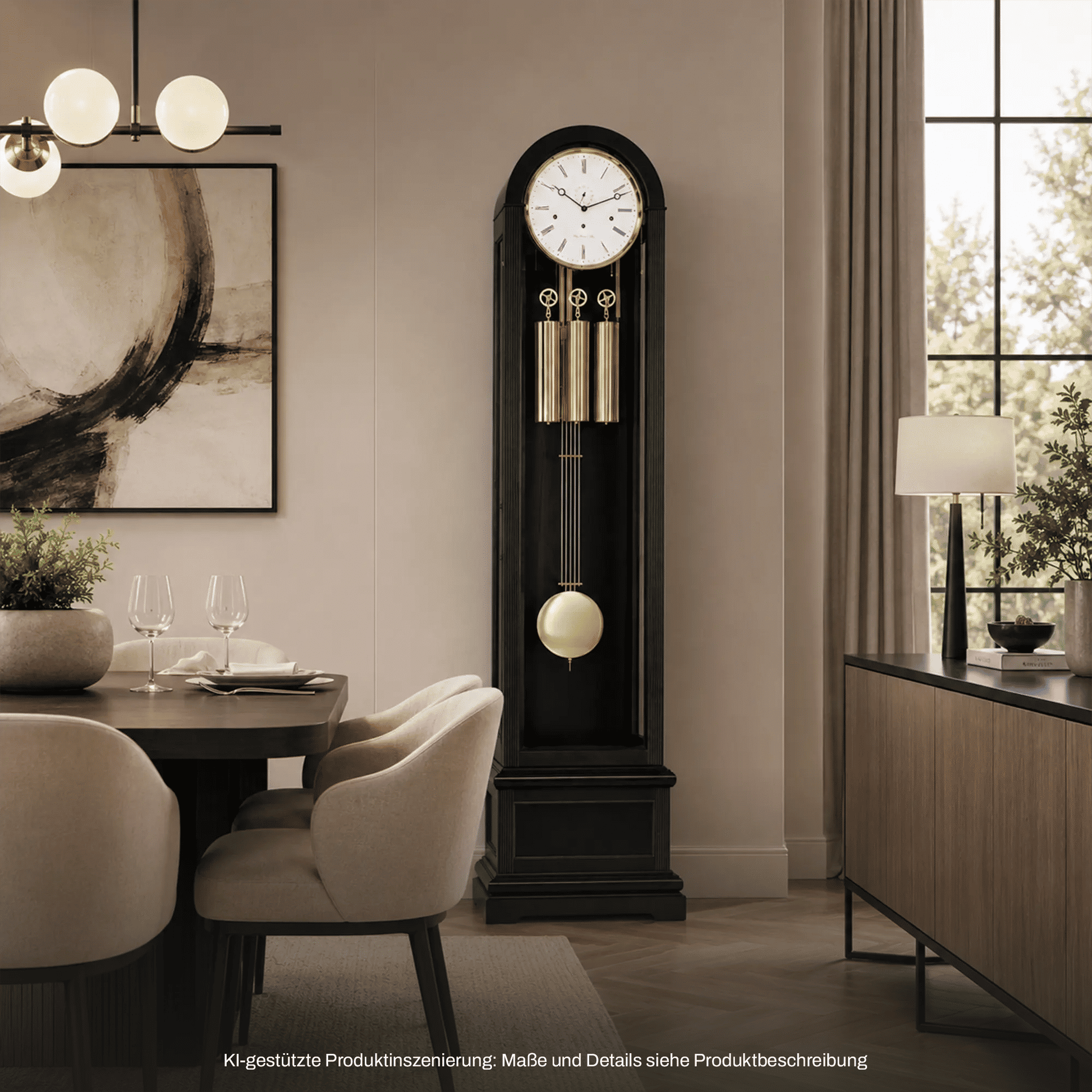 Standuhr mit schwarzem Holzgehäuse, Zifferblatt und goldenen Pendelgewichten