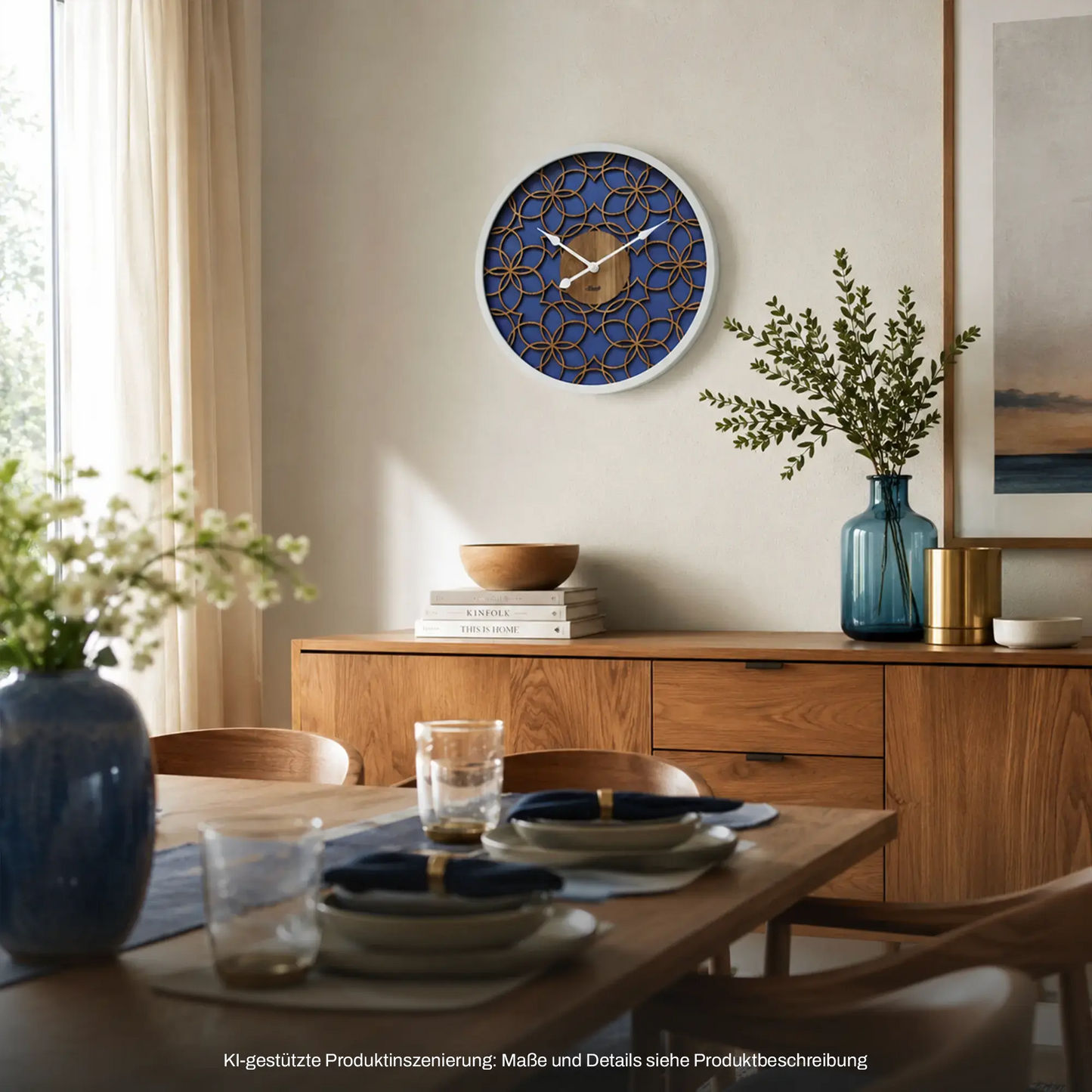 Wanduhr rund mit weißem Rahmen, blau-goldenem 3D-Muster und sichtbaren Zeigern
