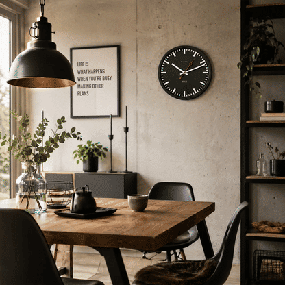 Wanduhr an der Wand mit schwarzem Zifferblatt, roten Zeigern und weißen Minutenstrichen.
