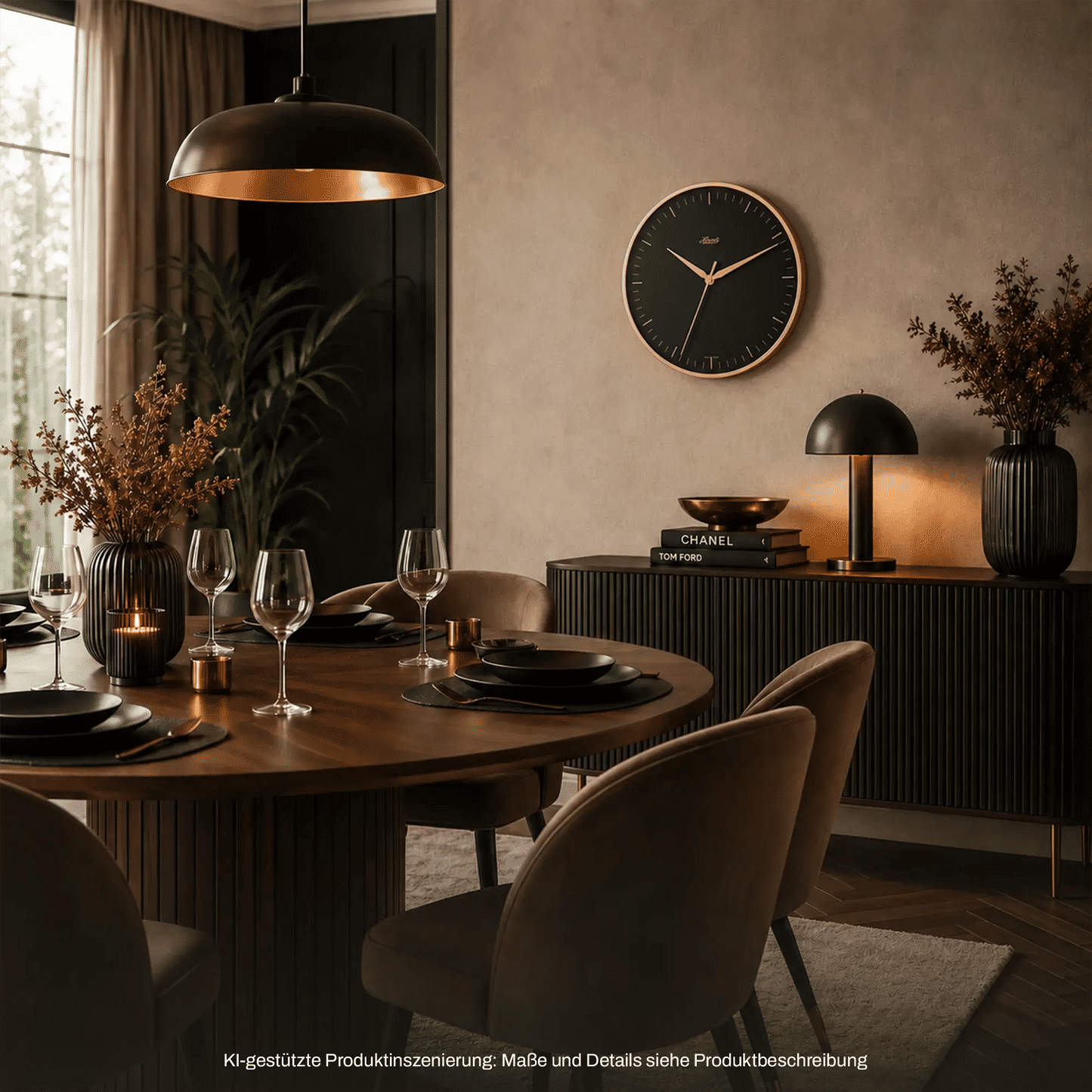 Wanduhr mit dunklem Zifferblatt, goldenen Zeigern und schmalem Messing-Rand, rund