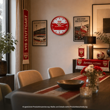 Runde Wanduhr mit rotem Ziffernblatt und VfB-Stuttgart-Logo, geräuschloses Quarzwerk