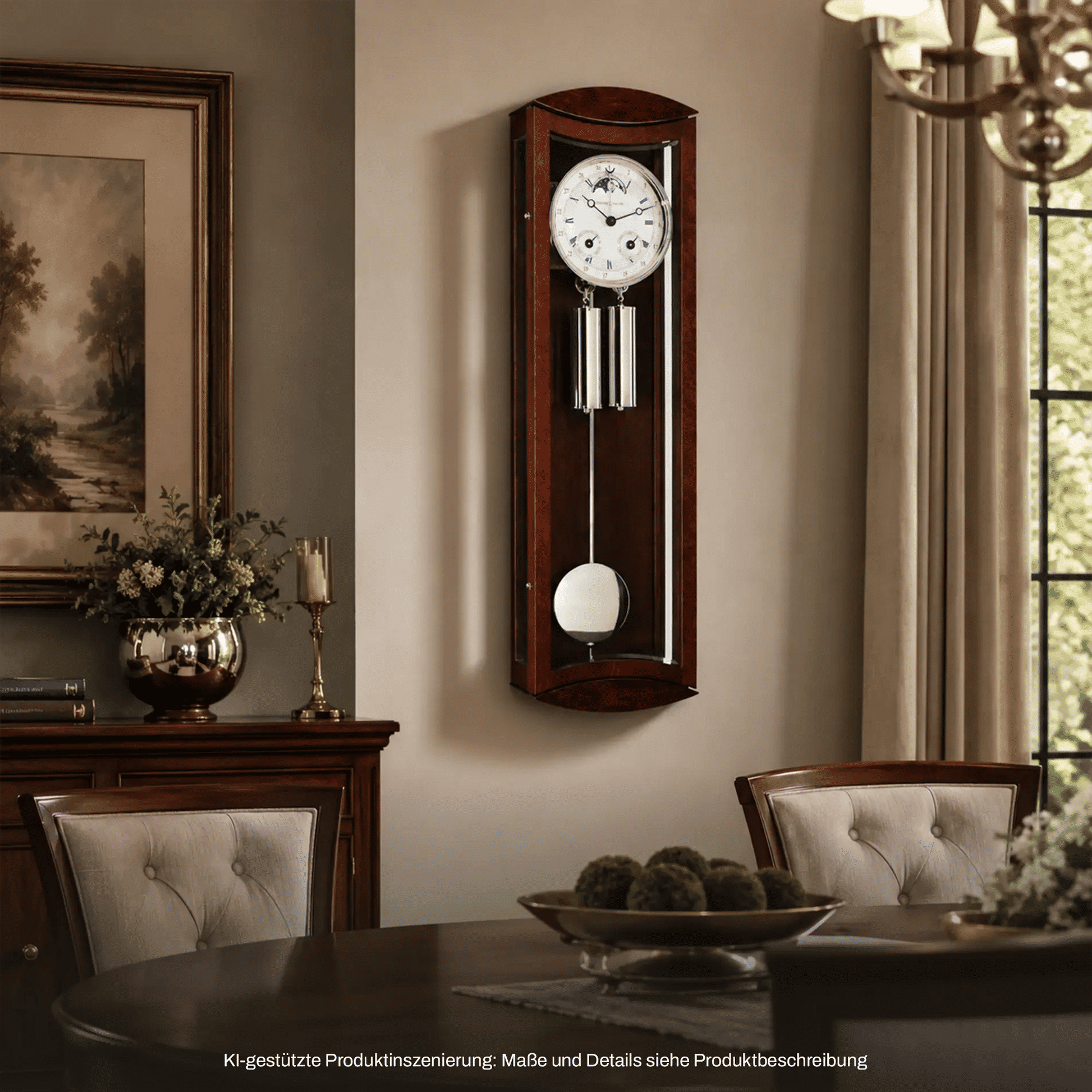 Wanduhr aus Holz mit rundem Zifferblatt und Pendel; rechteckiges Gehäuse