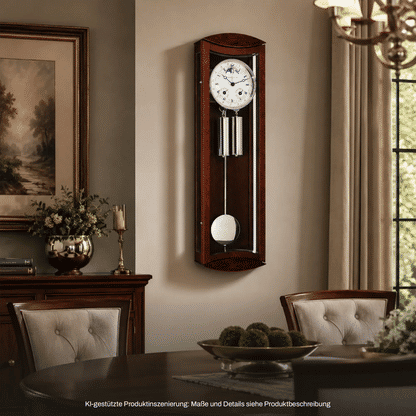 Wanduhr aus Holz mit rundem Zifferblatt und Pendel; rechteckiges Gehäuse