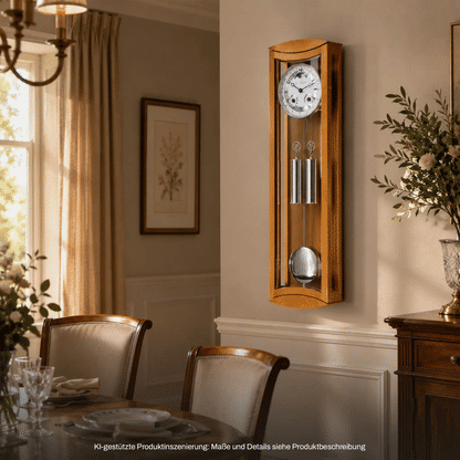 Hermle Wanduhr aus Holz mit Glasfront und rundem Zifferblatt, sichtbare Pendelmechanik