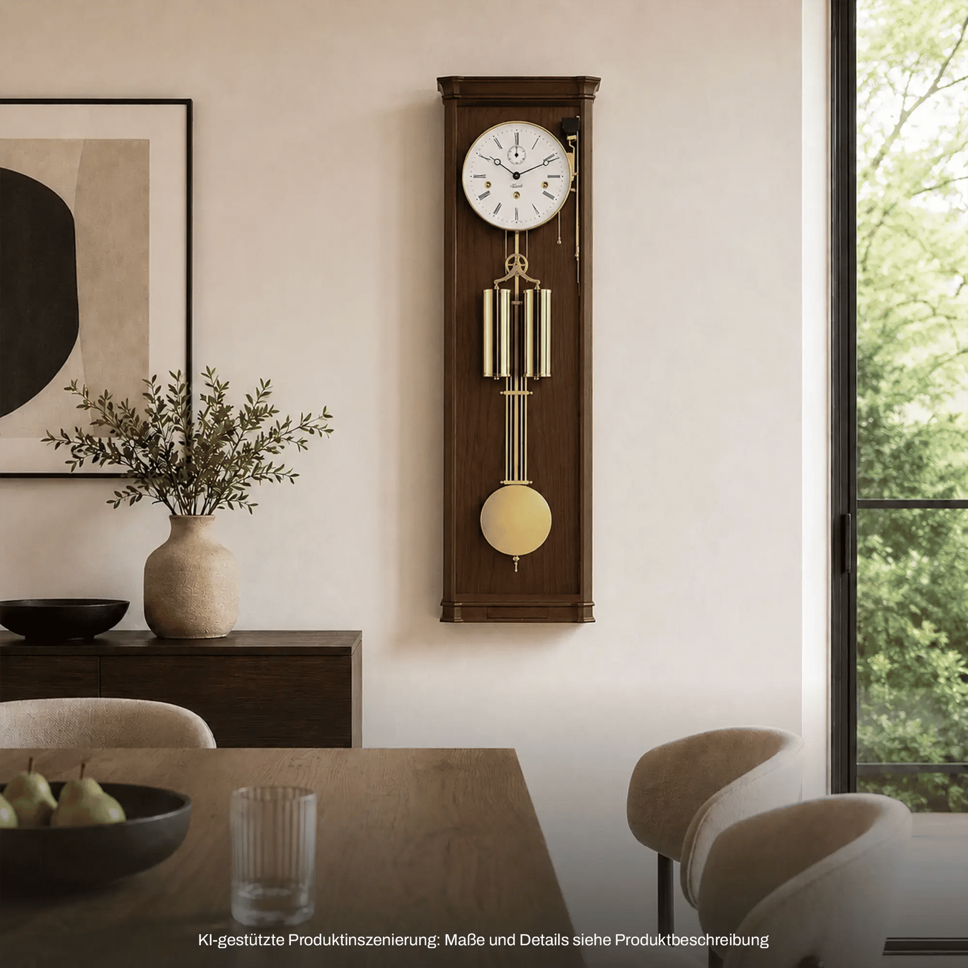 Wanduhr aus Nussbaumholz mit rundem Zifferblatt und goldenen Schlagstäben