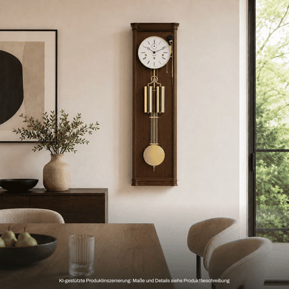 Wanduhr aus Nussbaumholz mit rundem Zifferblatt und goldenen Schlagstäben