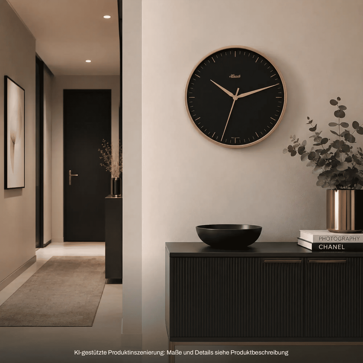 Runde Wanduhr an heller Wand: schwarzes Zifferblatt, goldene Zeiger, Messingring