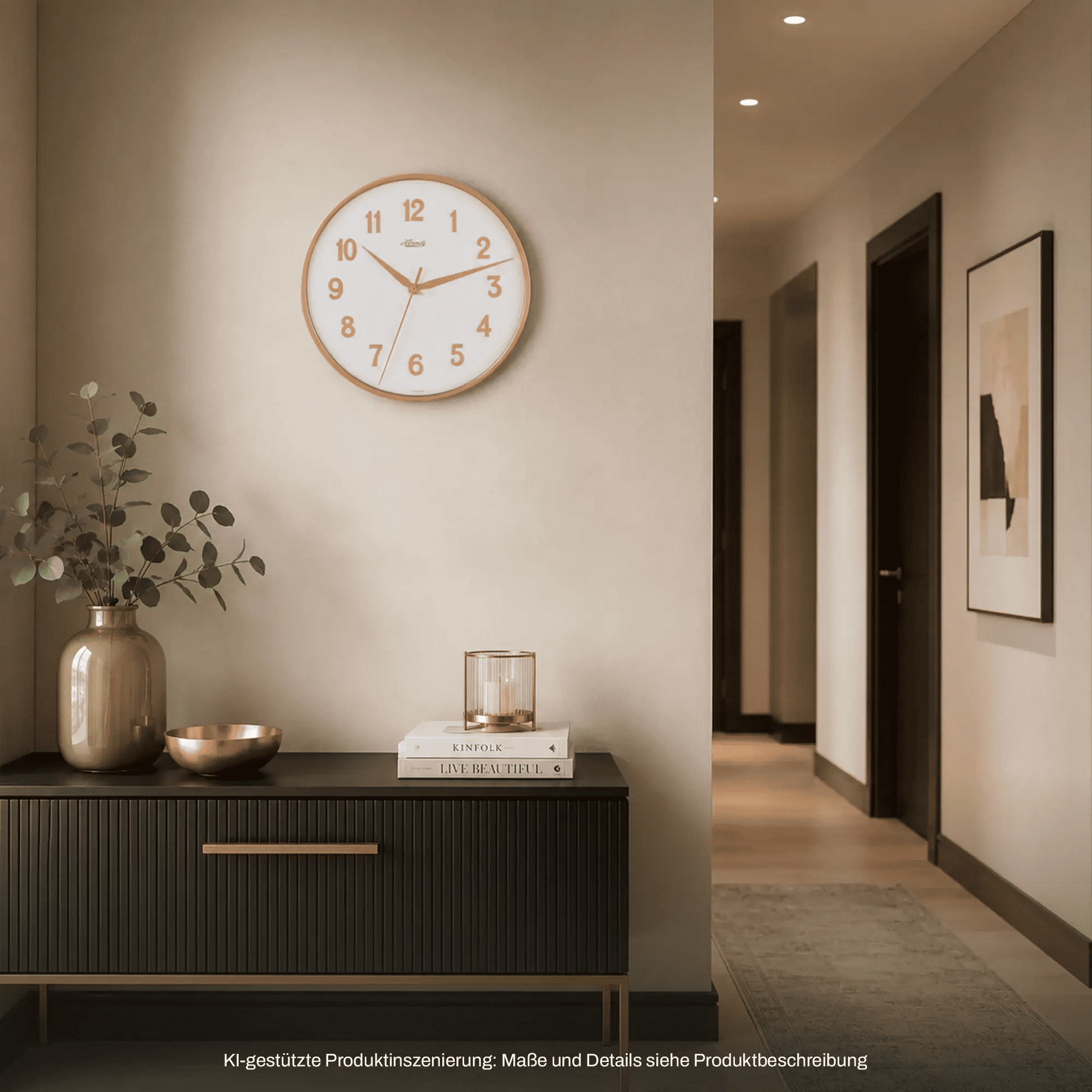 Runde Wanduhr an der Wand mit orangefarbenem Rahmen, gut lesbaren Ziffern und Zeigern