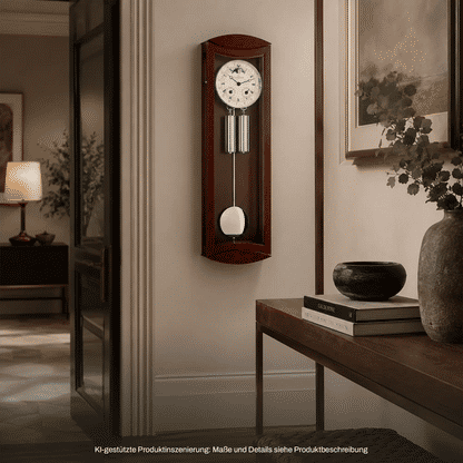 Wanduhr aus Holz mit rundem Zifferblatt, Pendelstäben und Pendelball unten