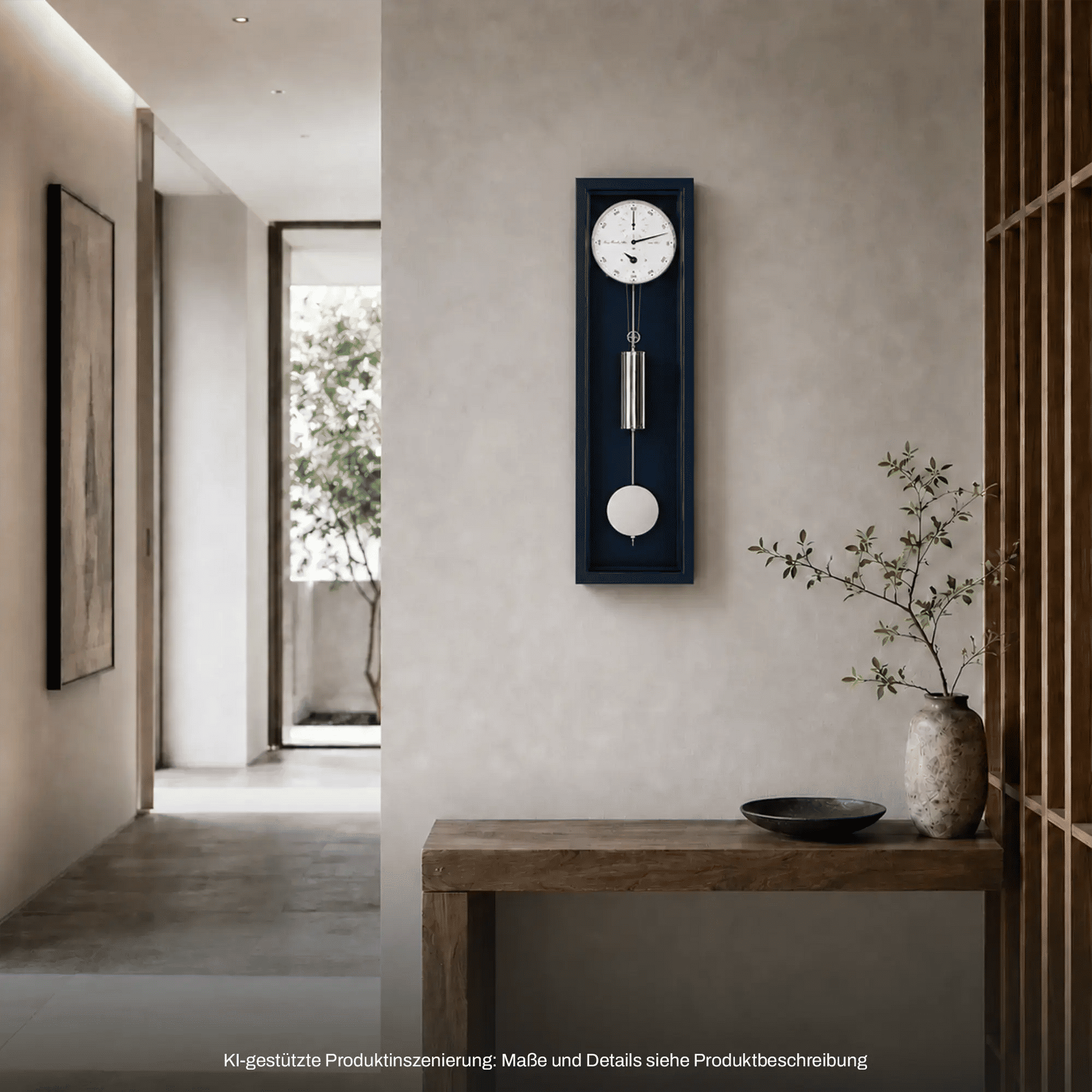 Blaue Wanduhr mit rundem Zifferblatt und Pendel/Schwingteil für sichtbares Uhrwerk