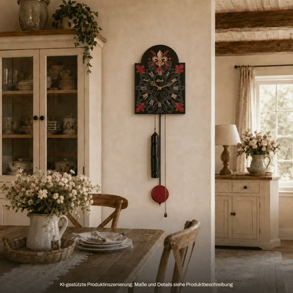 Wanduhr an der Wand mit schwarzem Blumenmotiv, Pendel und roter Kugel, Kette.