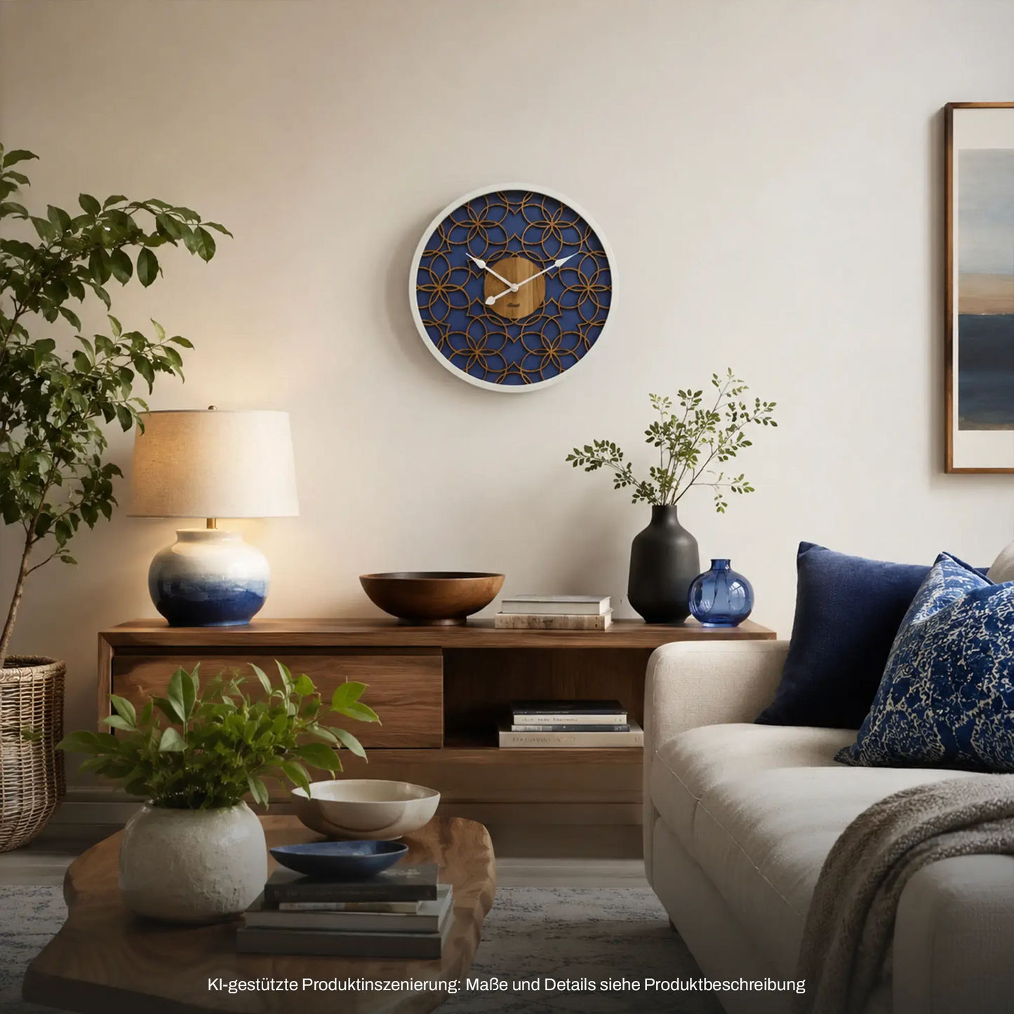Wanduhr mit rundem weißem Rahmen und blauem Gold-Ornament, sichtbare Uhrzeiger
