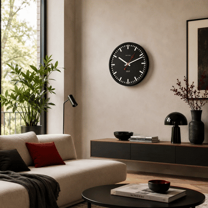 Wanduhr an der Wand mit schwarzem Zifferblatt, roten Zeigern und weißen Minutenstrichen.
