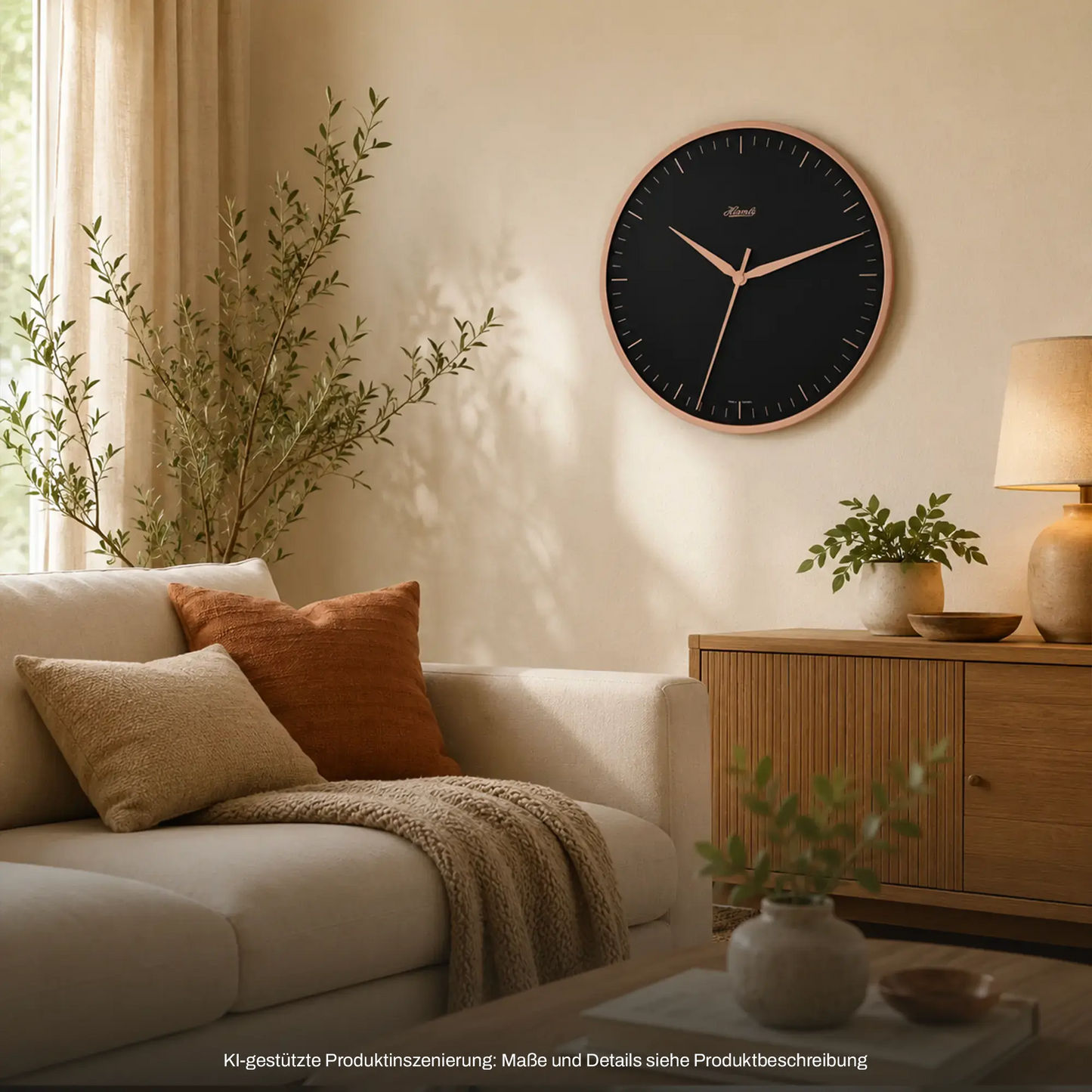 Wanduhr über dem Sofa: dunkles Zifferblatt, goldene Zeiger und schmaler Rahmen