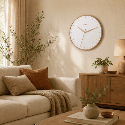 Wanduhr mit rundem Rosé-Metallrahmen und weißem Zifferblatt an heller Wand