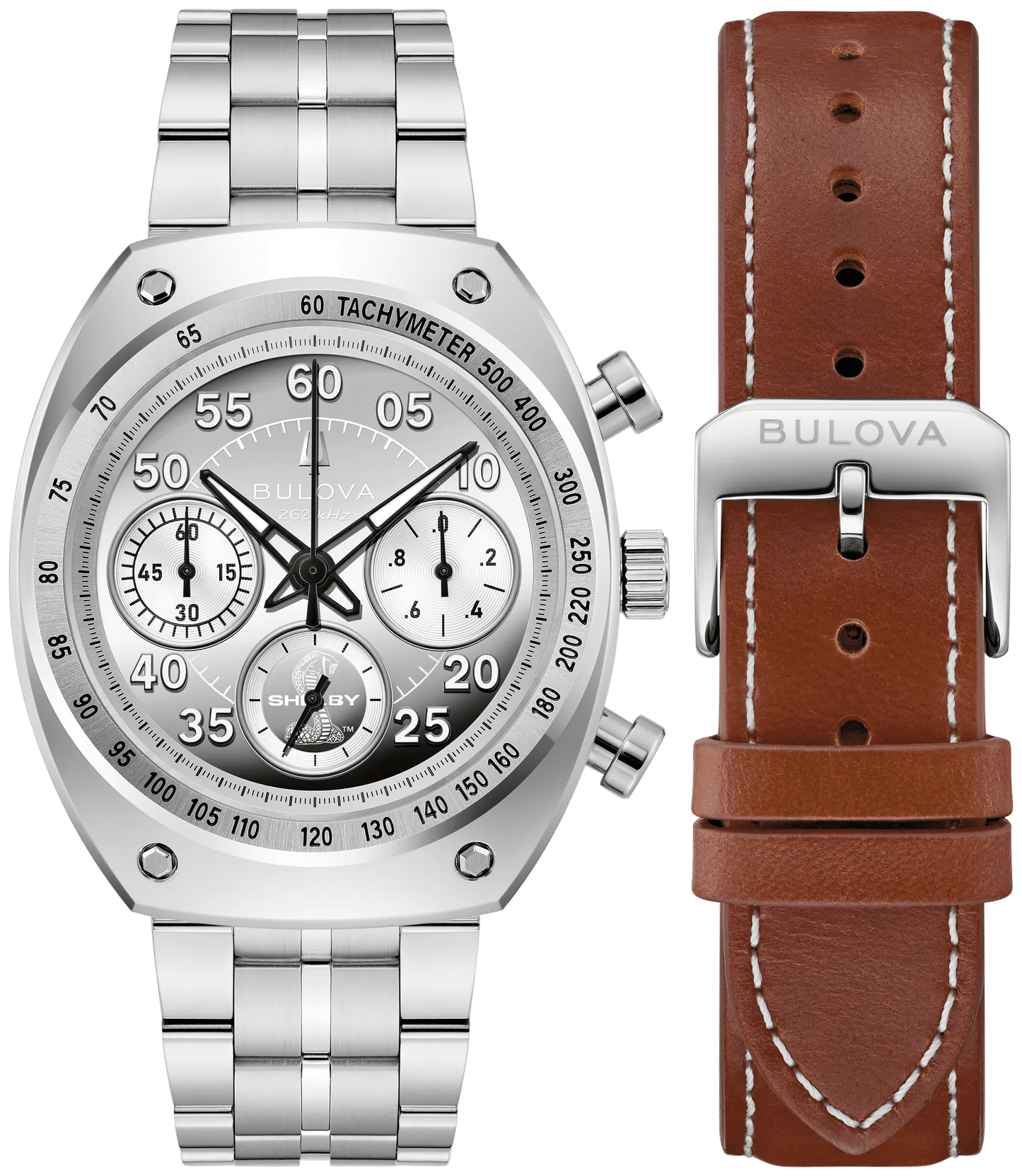 Herrenuhr: silbernes Edelstahlband, braunes Lederarmband, Chronograph mit Tachymeter