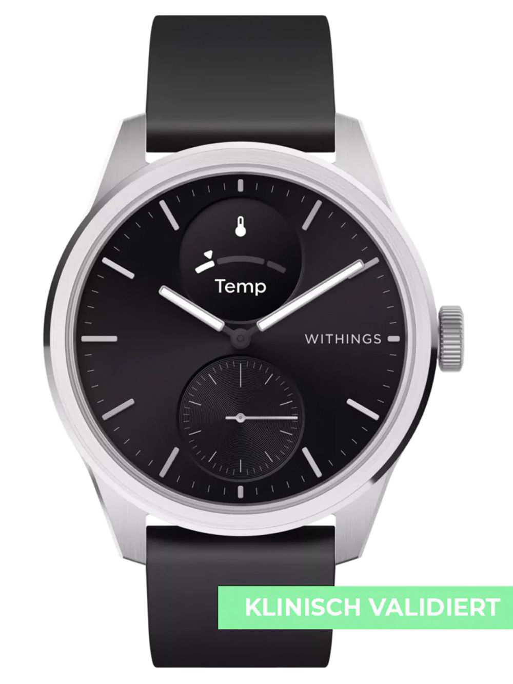 Hybrid-Smartwatch mit schwarzem Zifferblatt und Temp-Anzeige, schwarzes Silikonarmband.