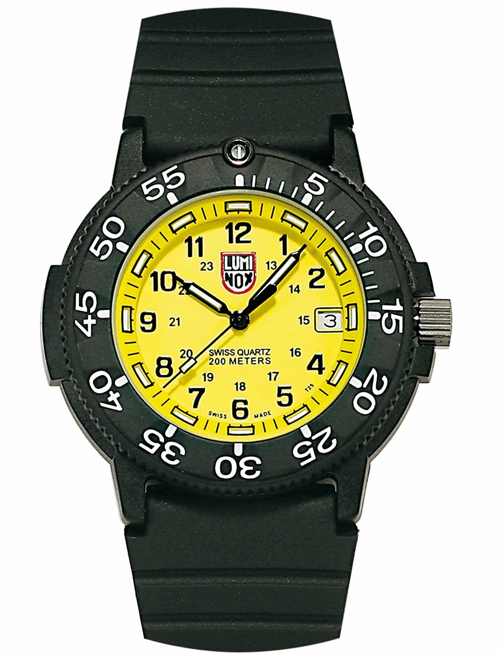 Luminox Herrenuhr: schwarzes Gehäuse, gelbes Zifferblatt, schwarzes Kautschukband