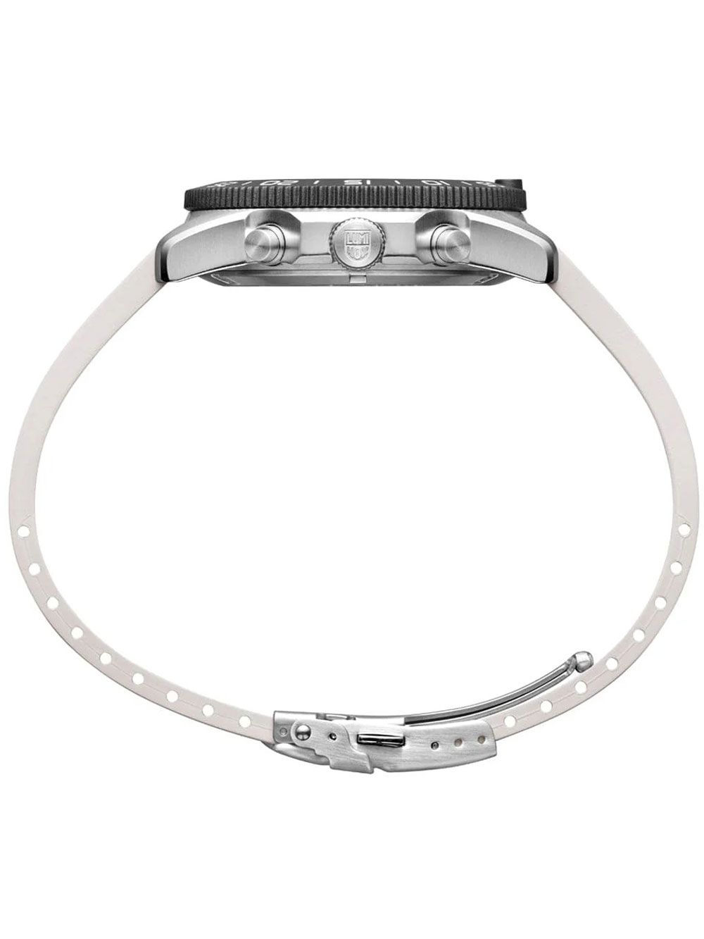 Luminox Taucherchronograph mit weißem Gehäuse, geriffelter Lünette und Gummiarmband