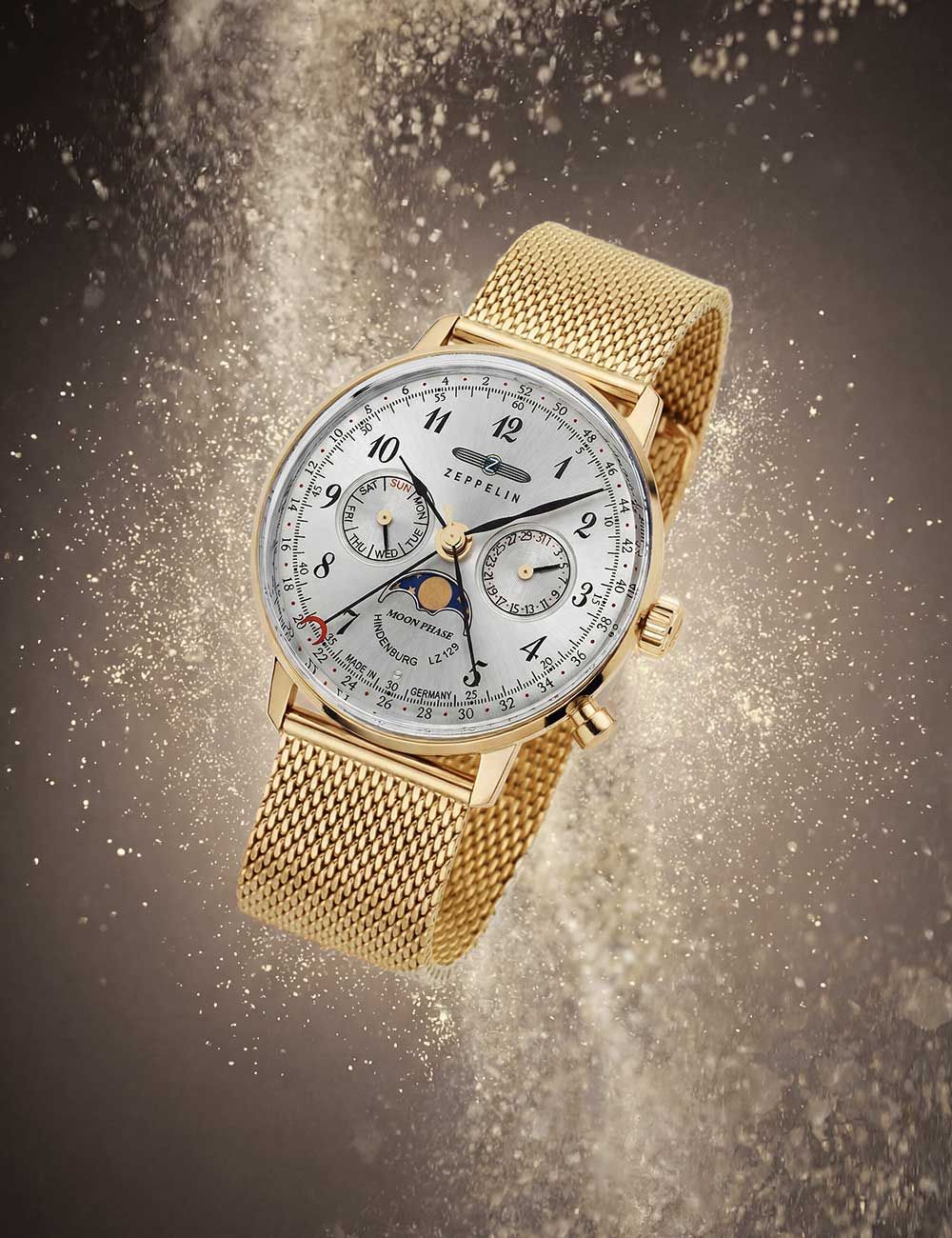 Zeppelin Damenuhr mit silbernem Zifferblatt, Chronographen-Subdials und goldenem Meshband