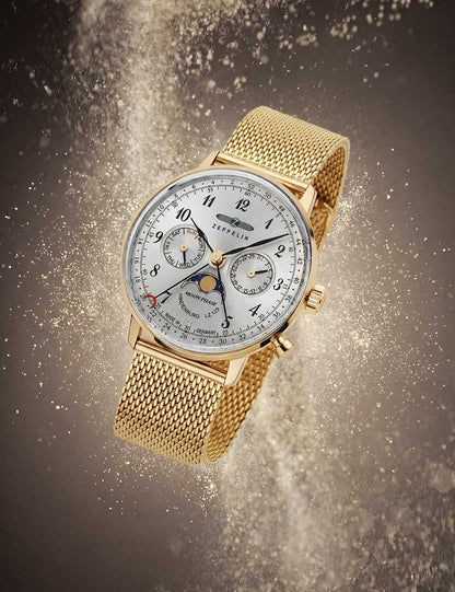 Zeppelin Damenuhr mit silbernem Zifferblatt, Chronographen-Subdials und goldenem Meshband