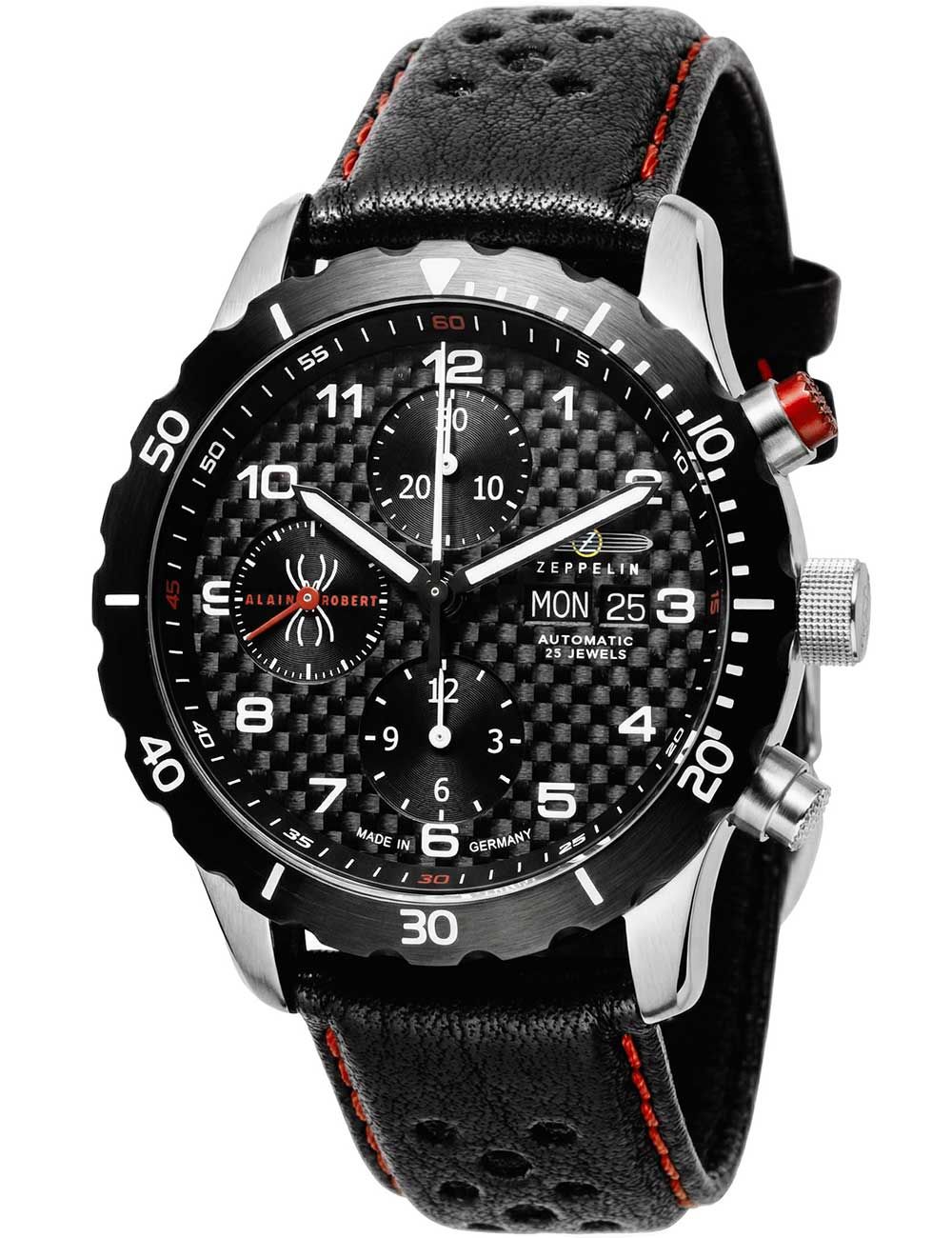 Herrenarmbanduhr: schwarzes Lederband, silbernes Gehäuse, schwarzes Chronograph-Zifferblatt