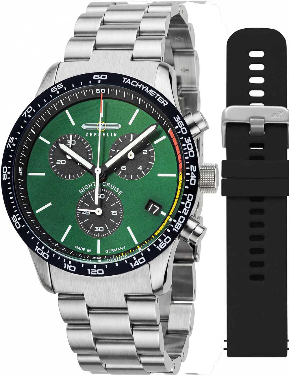 Zeppelin Chronograph-Herrenuhr: grünes Zifferblatt, Edelstahlarmband, 10 ATM