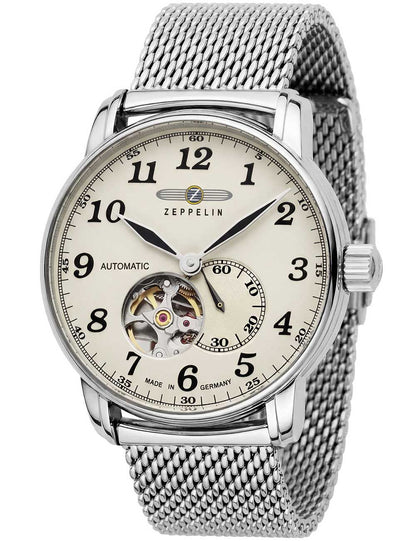 Zeppelin Herrenuhr mit hellem Zifferblatt und Edelstahl-Meshband, Open-Heart sichtbar
