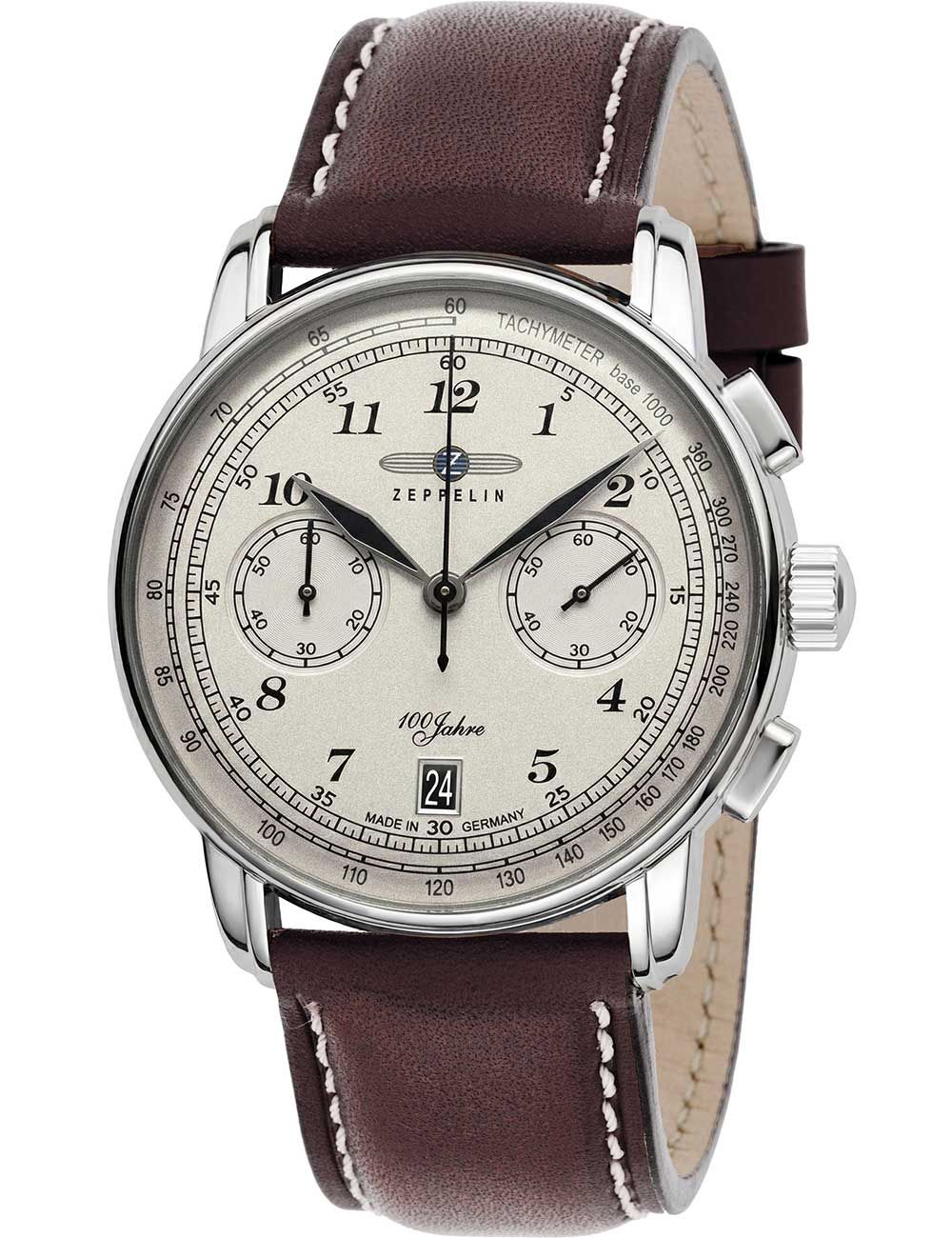 Zeppelin Herrenarmbanduhr mit beigem Zifferblatt und braunem Lederarmband, Chronograph-Optik