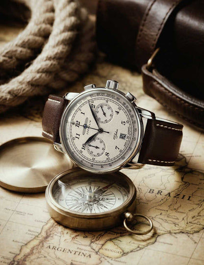 Zeppelin Herrenarmbanduhr mit beigem Zifferblatt und braunem Lederarmband, Chronograph-Subdials