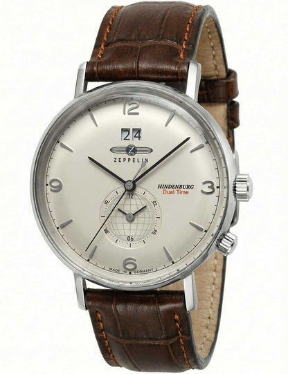 Herrenarmbanduhr mit beiger Zifferblattfläche, braunem Lederband und silbernem Gehäuse