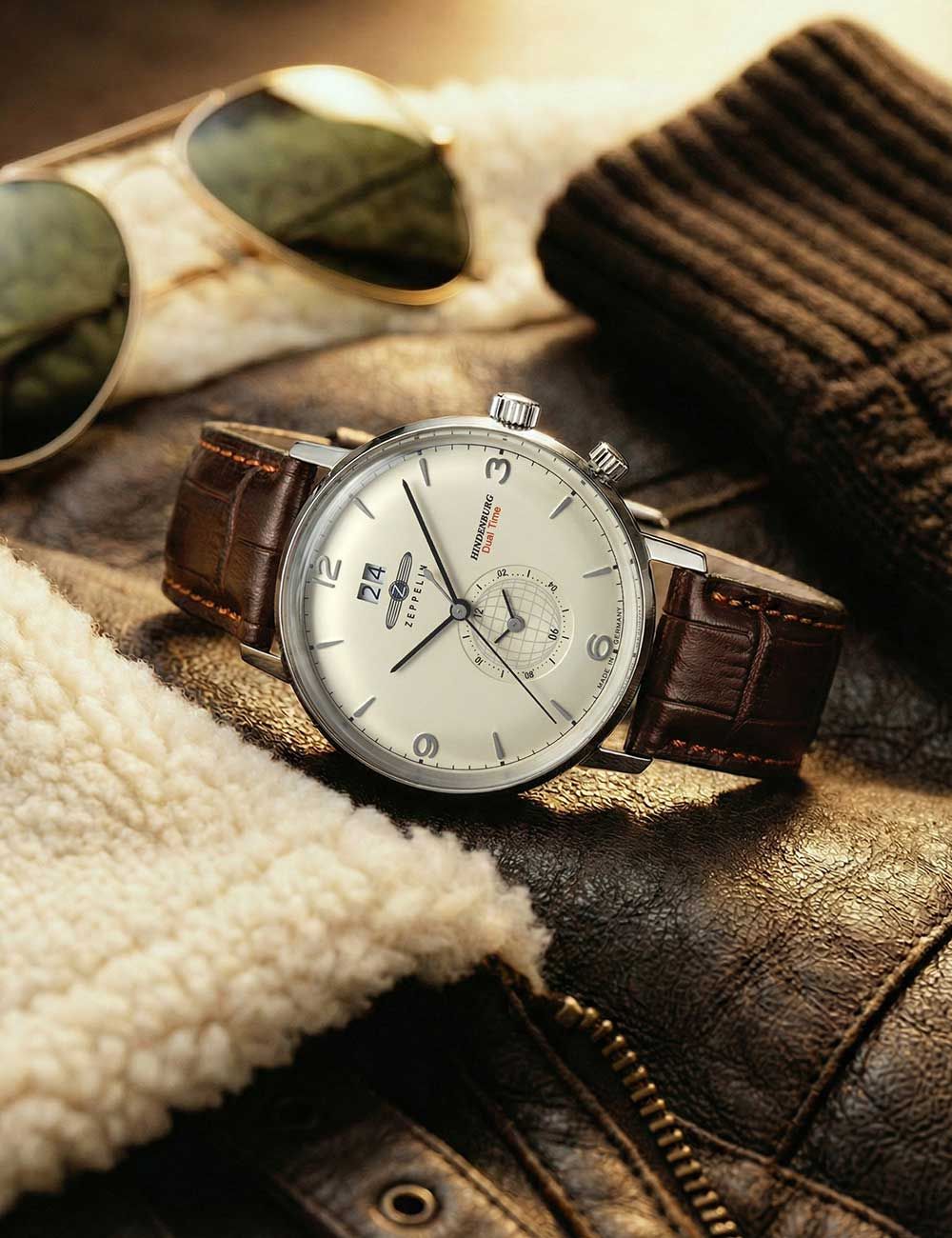 Herrenarmbanduhr auf Lederjacke: beiges Zifferblatt, braunes Lederband, silbernes Gehäuse